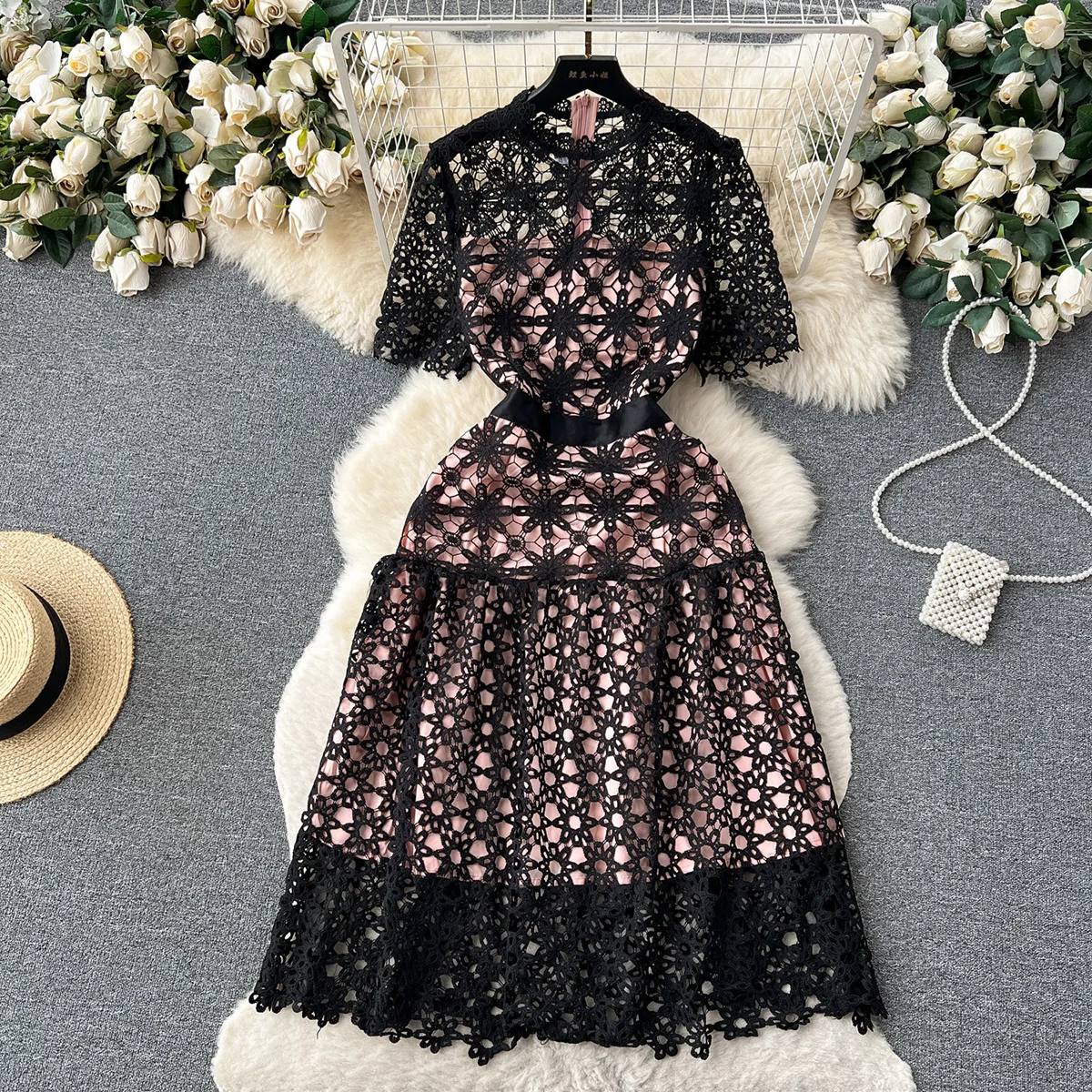 

Dresses For Women 2023 Summer Short Sleeve Round Neck Openwork Embroidery Lace Dress Evening Party Elegant Black Midi Dress