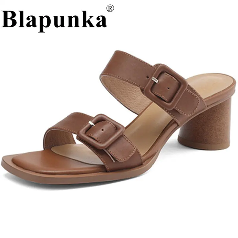 

Blapunka Big Size 42 Women Real Genuine Leather Slippers Double Buckle Thick Heels Slides High Heeled Mules Sandals Shoes Beige