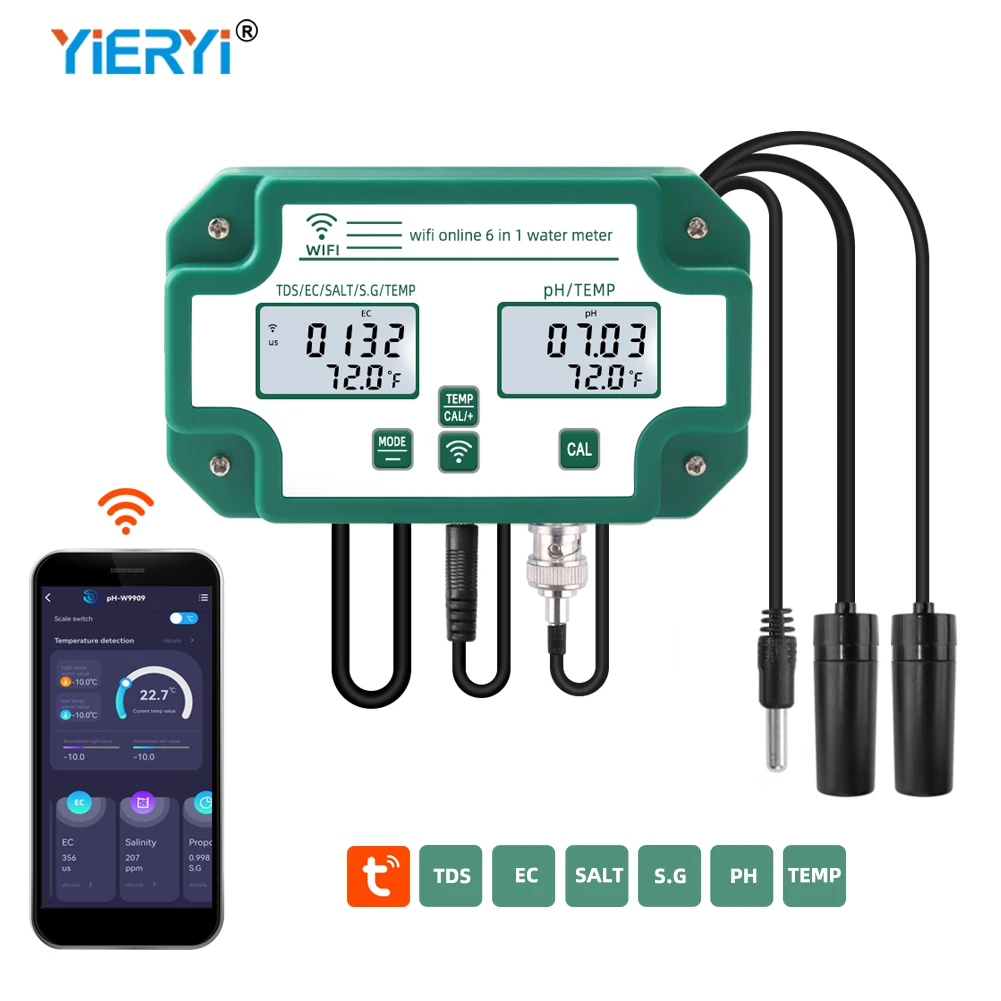 WiFi Tuya 6-in-1 PH EC TDS SALT S.G.Temp Meter Water Quality Digital Tester Smart Multifunction Monitor for Aquarium Hydroponics
WiFi Tuya 6-in-1 PH EC TDS SALT S.G.Temp Meter Water Quality Digital Tester Smart Multifunction Monitor for Aquarium Hydroponics