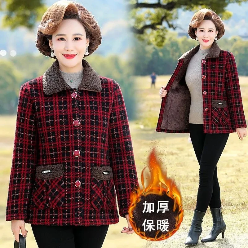 Middle Aged Mother's Plaid Woolen Jacket Autumn Winter New Thicken Velvet Warm Short Coat Women Imitation Mink Fleece Wool Parka
Middle Aged Mother's Plaid Woolen Jacket Autumn Winter New Thicken Velvet Warm Short Coat Women Imitation Mink Fleece Wool Parka