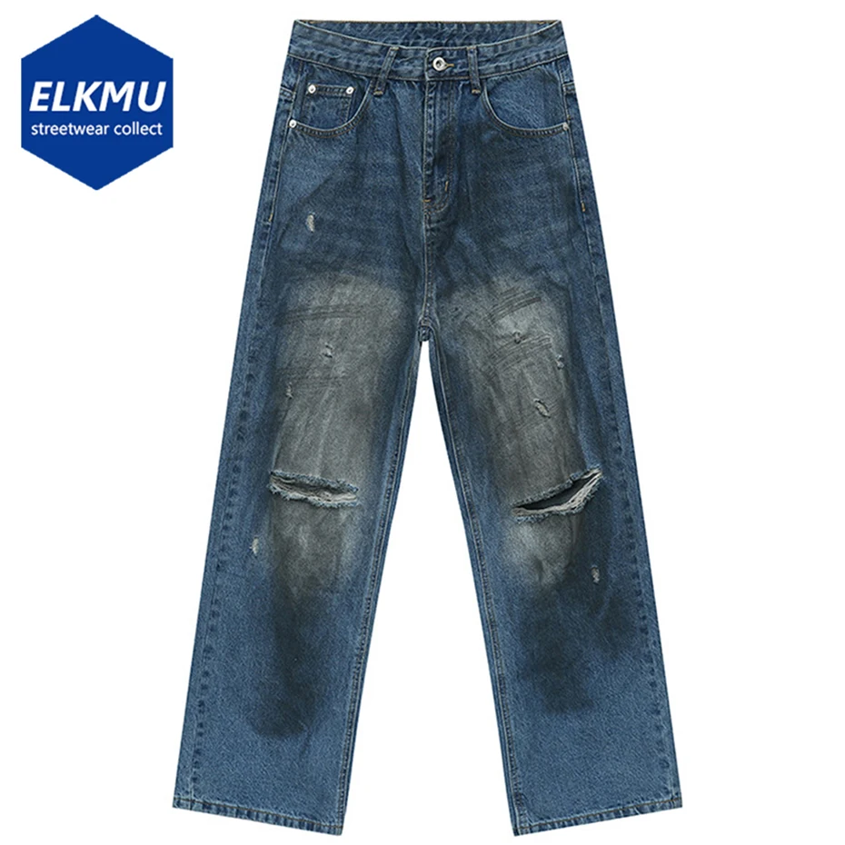 

2024 Spring New Men's Vintage Jeans Ripped Distressed Dirty Printed Blue Baggy Jeans Trousers Casual Loose Straight Denim Pants