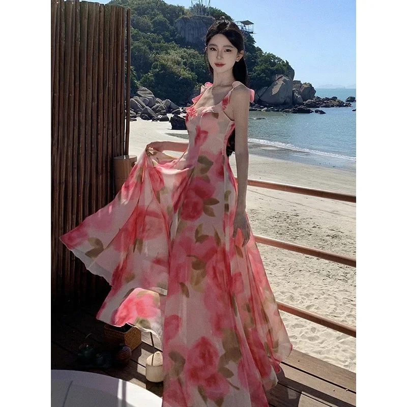 

Celebrity style rose pink printed sling fairy dress elegant Goddess wear high-grade seaside holiday dress