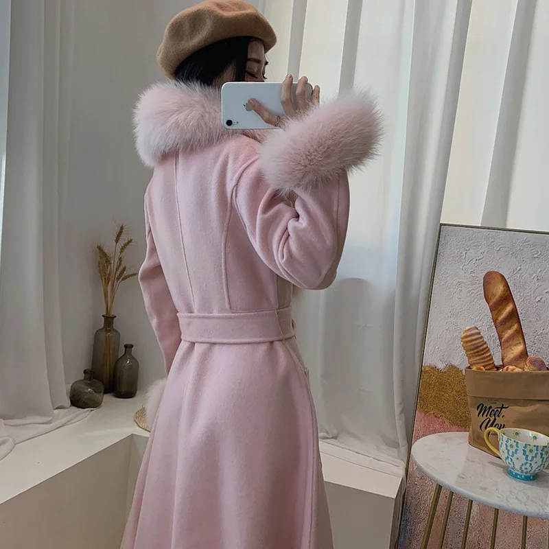 

2023 Woolen fur, Winter Lady Fur Coat Elegant Women Luxurious Natural Fox Fur Jacket X-Long Cashmere Double Faced Wool Outerwear