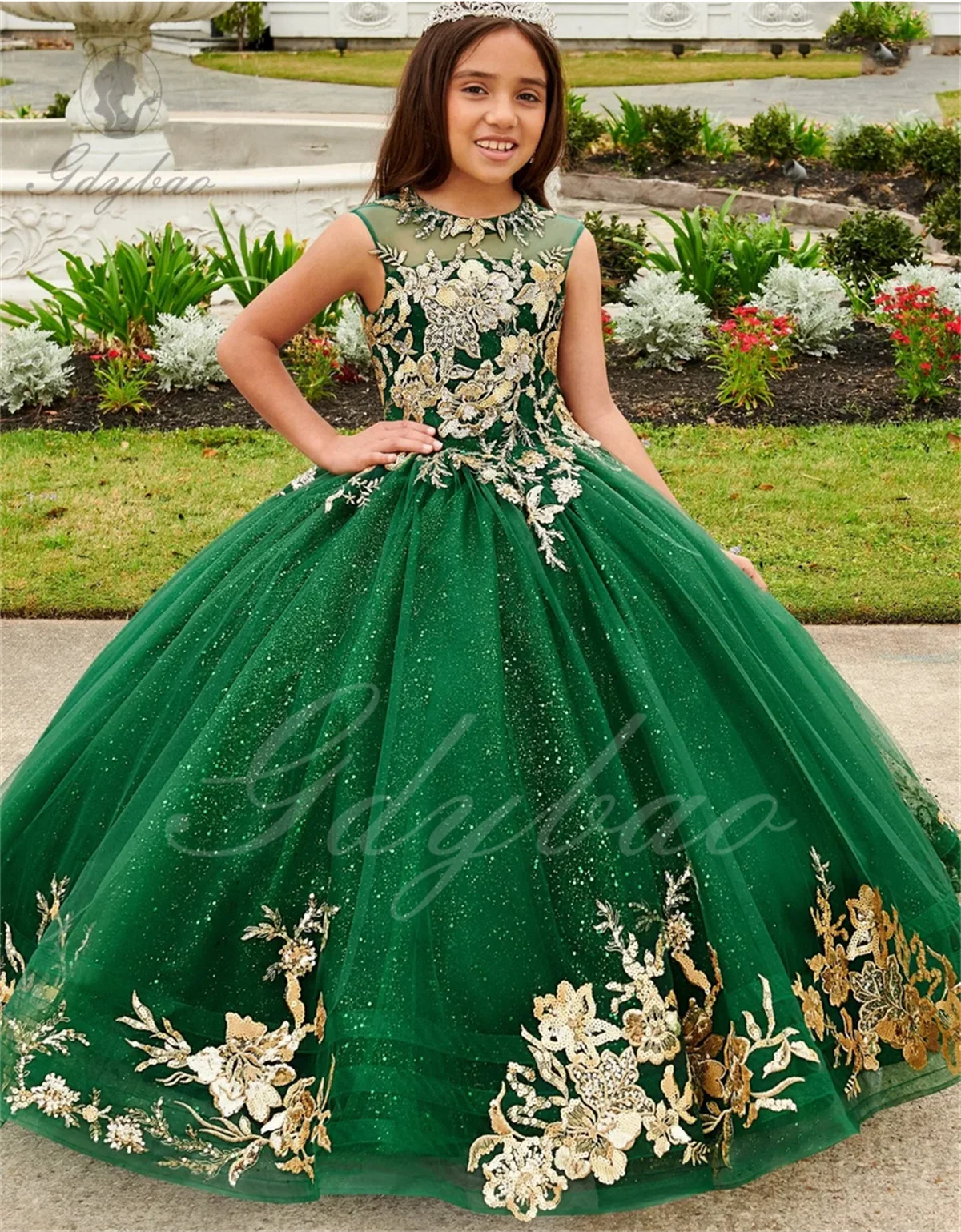 

Green Flower Girl Dresses Gold Appliques for Wedding Long Tulle Pageant Ball Gown Birthday Princess Party Girl Dress
