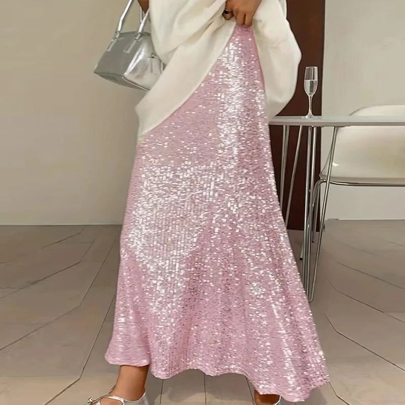 

Women Sexy Shiny Sequins Loose Skirt 2024 Spring Fall Fashion Elastic High Waist Party Skirt Elegant Lining Stretchy Long Skirt