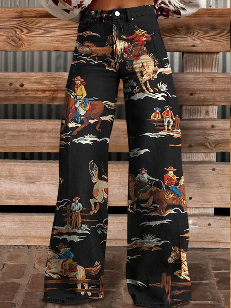 

Vintage Western Print Flared Trousers