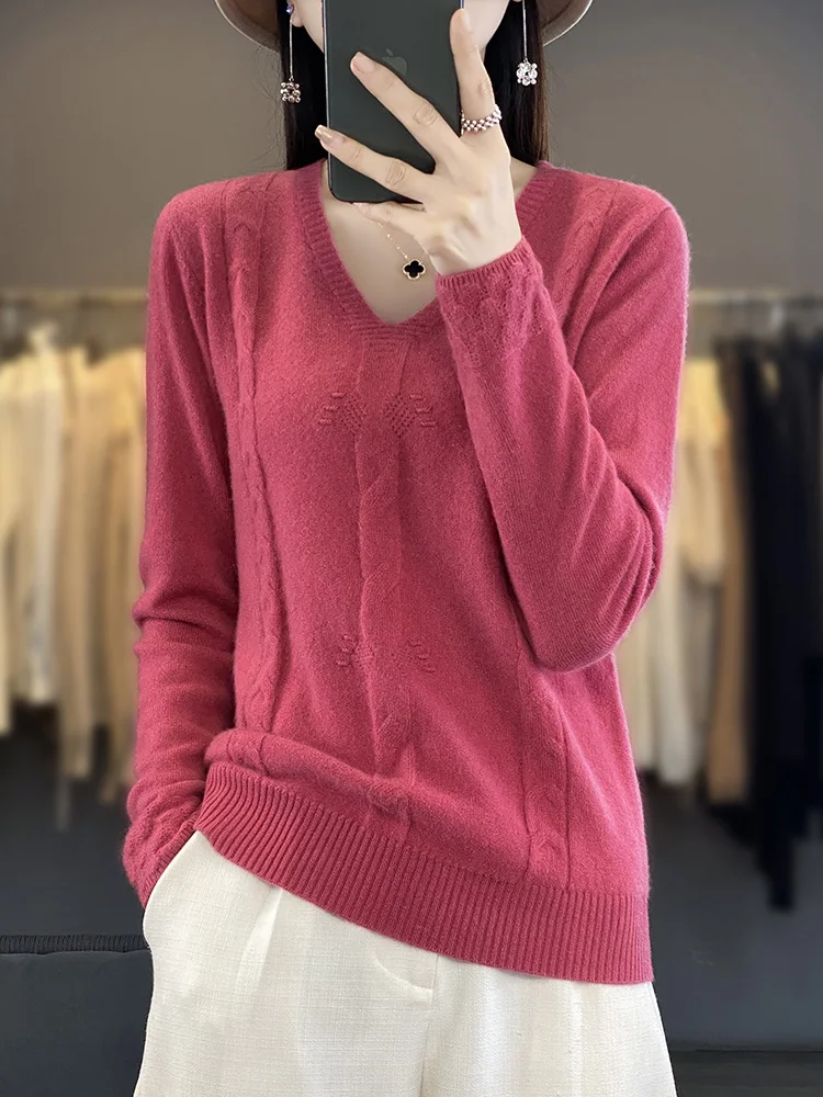 

Wool New Arrival Twisted Women's Sweater Long Sleeve V-Neck Pullover High Elasticity Slim Fitting Knitted Jumper New In Knitwear