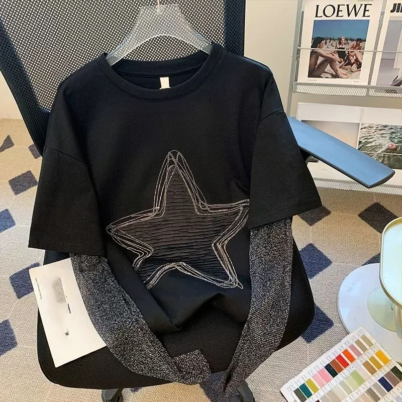 Women's Spring Autumn Fashion Commuter Spliced Gauze Fake Two Pieces Long Sleeve T-shirts Loose All-match Printed Crew Neck Tops
Women's Spring Autumn Fashion Commuter Spliced Gauze Fake Two Pieces Long Sleeve T-shirts Loose All-match Printed Crew Neck Tops
