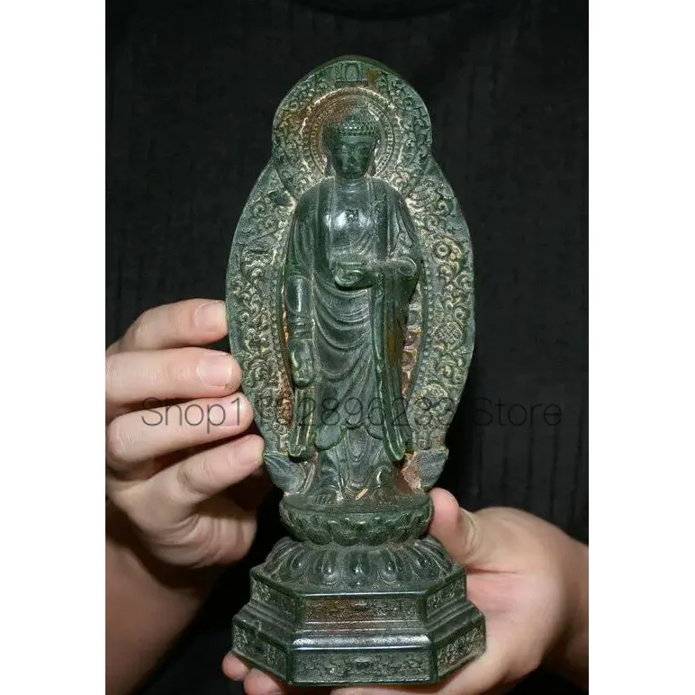 

7.8" Old Natural Green Jade Carved Tibet Shakyamuni Amitabha Buddha Lotus Statue