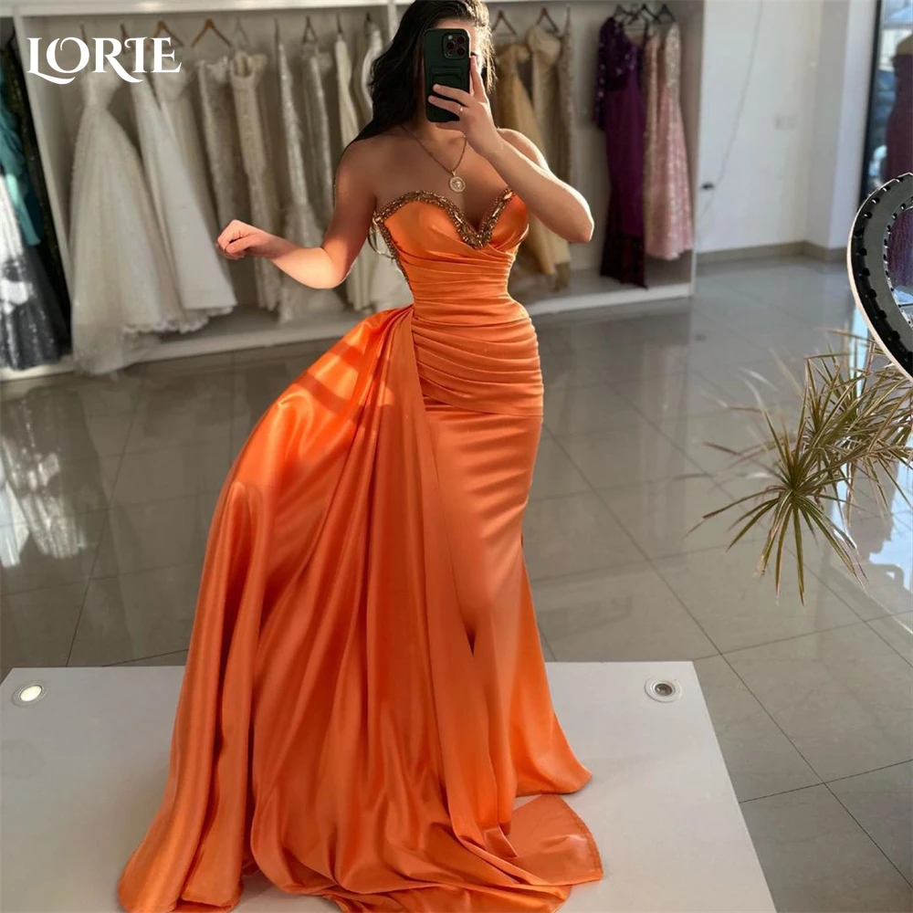 

LORIE Orange Mermaid Evening Dresses Glitter Off Shoulder Sequins Pleats Prom Dress Backless Side Train Celebrity Party Gowns