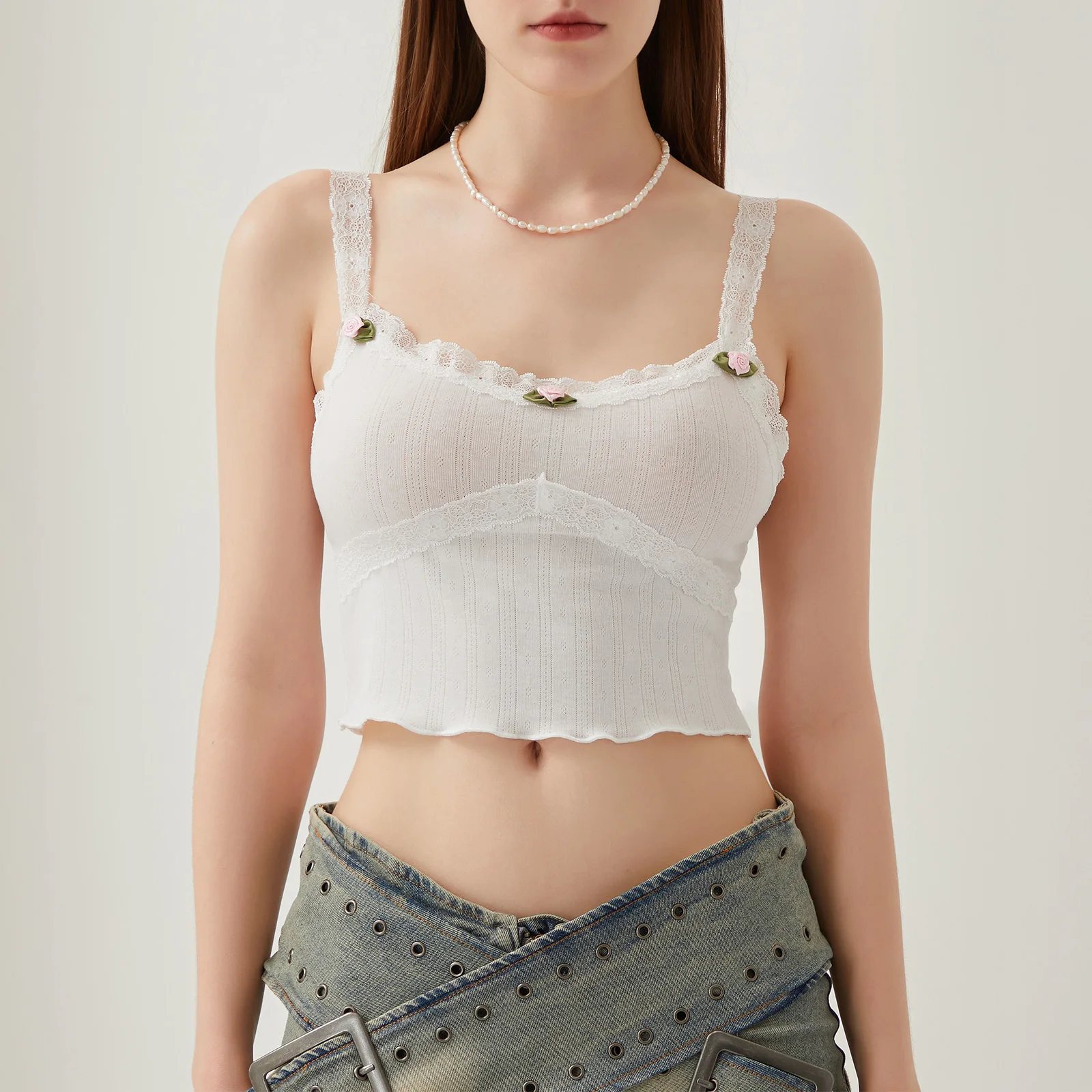 

Women's Sweet Slim Cami Tops Mini 3D Rose Front Lace Shoulder Strap Tank Vest Show Navel Cropped Camisole