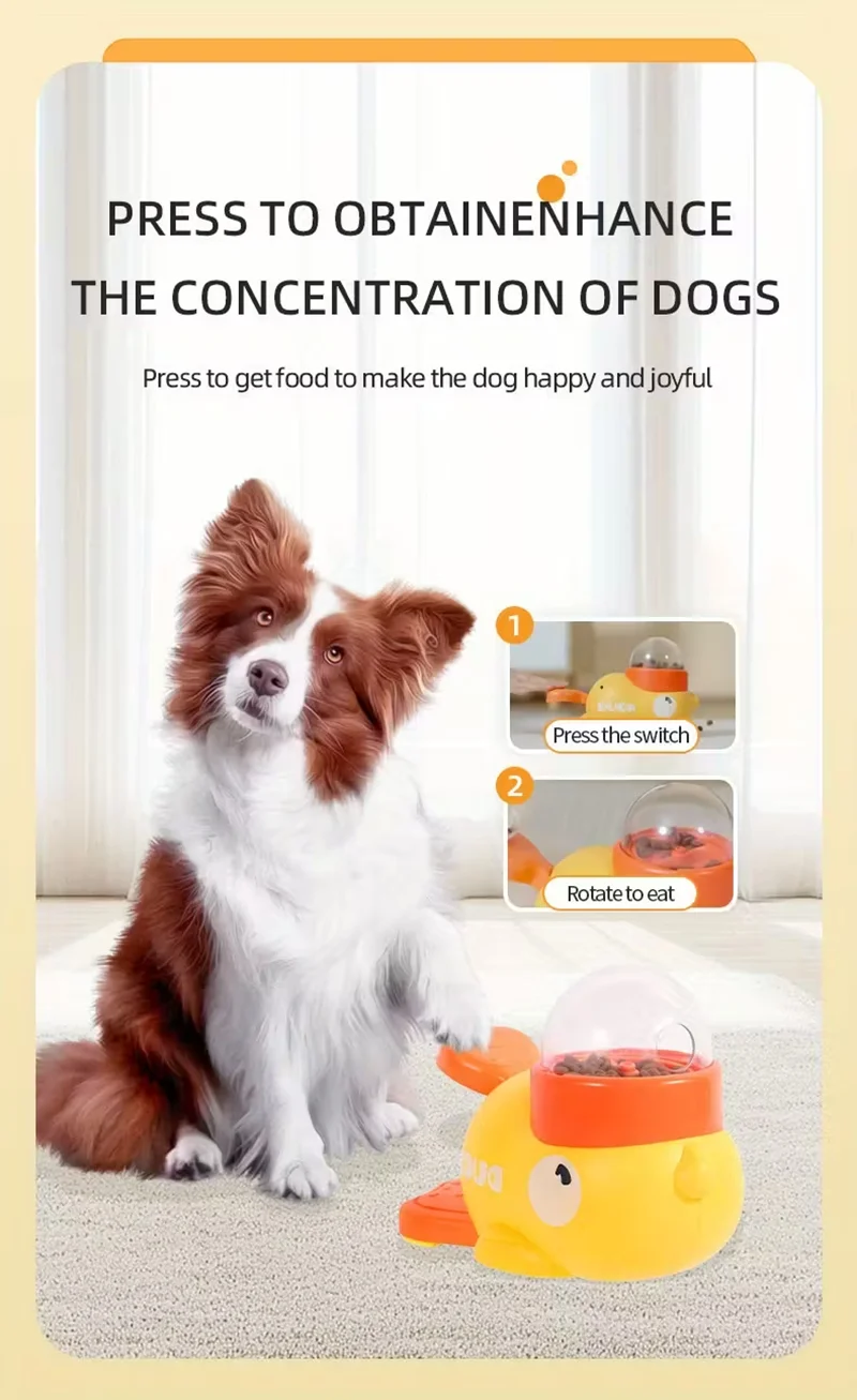 Interactive Dog Feeding Toy | Automatic Cartoon Duck Design A brown and white Border Collie sitting next to the duck feeding toy. The text "Press to obtain enhance the concentration of dogs" is displayed at the top. Inset images illustrate the two-step process of pressing the lever and rotating the dome to release food.
