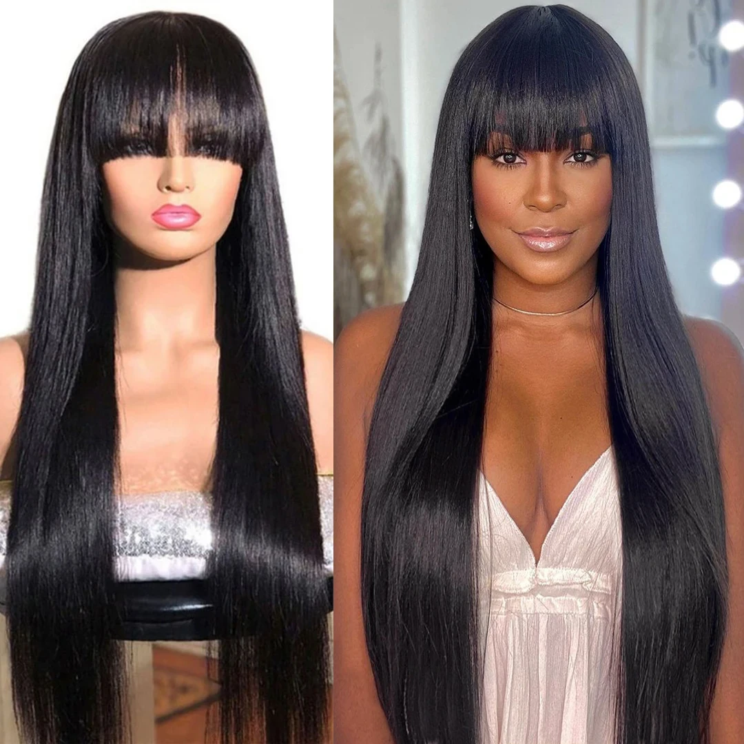 

Silky Straight Human Hair Wigs With Bang Full Machine Made Wigs Natural Color Glueless Long Fringe Brazilian Remy Human Hair Wig