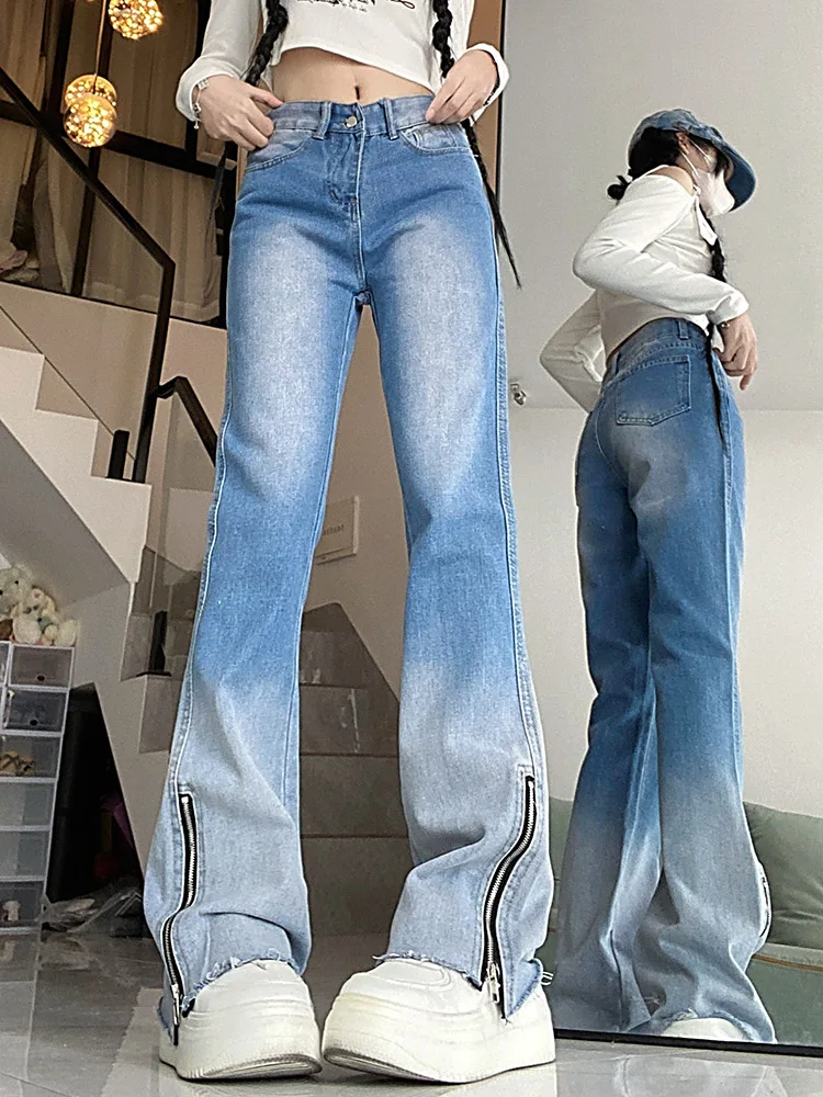 

Women High Waist Stretch Flare Jeans Streetwear 90s Vintage Bell Bottom Gradient Blue Denim Pants Lady Punk Y2K Zipper Trousers