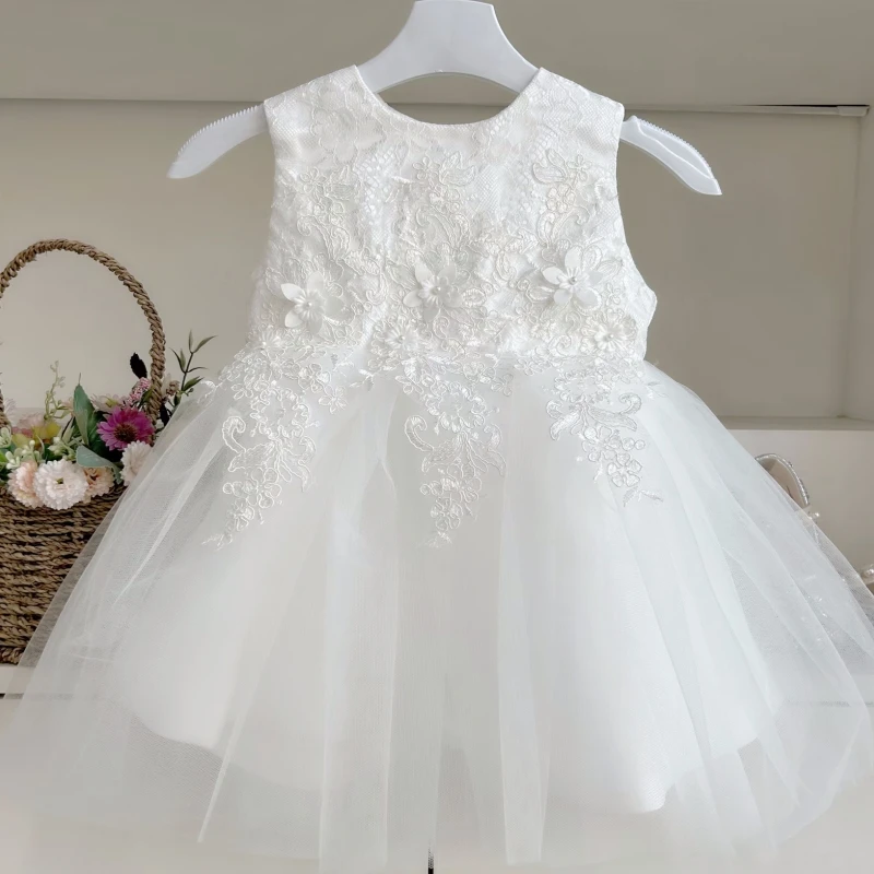 

White Flower Girl Dresses Tulle Puffy Appliques With Bow Sleeveless For Wedding Birthday Banquet First Communion Gowns