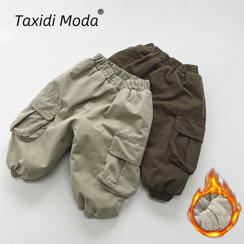 

Warm Fleece Pocket 2023 Autumn Winter New Kids Cargo Pants Casual Boys Trousers Korean Toddler Wear Children Clothing For 1-8Y