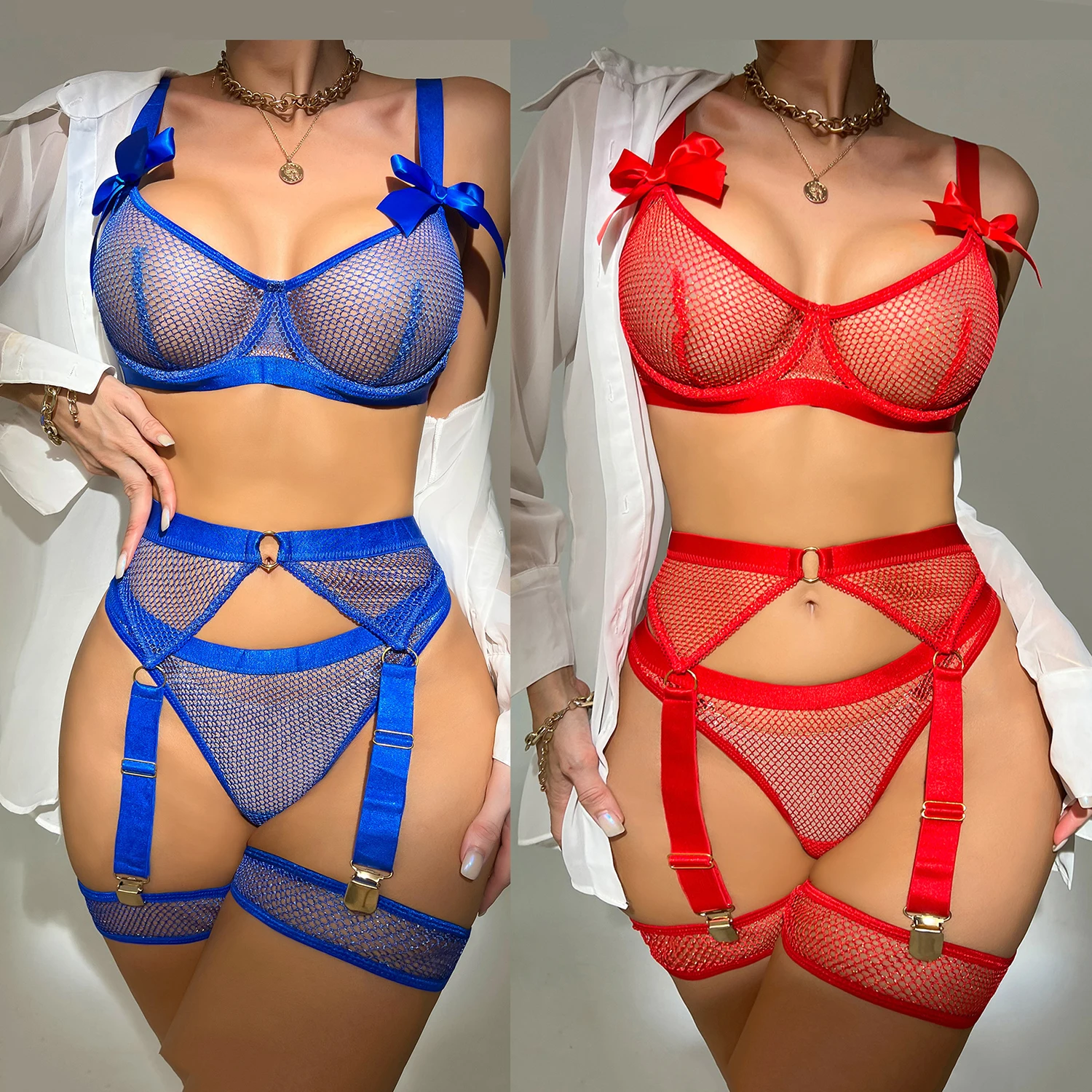 

3-Piece Bow Perspective Bra Briefs Set Women See Through Mesh Lingerie Ladies Sexy Panty Underwear with Garter Belt