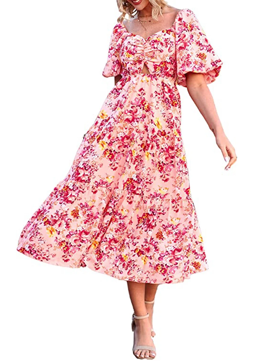 

Women Bohemian Off Shoulder Dress Long Sleeve Square Neck Floral Ruffle Swing A Line Beach Maxi Dress