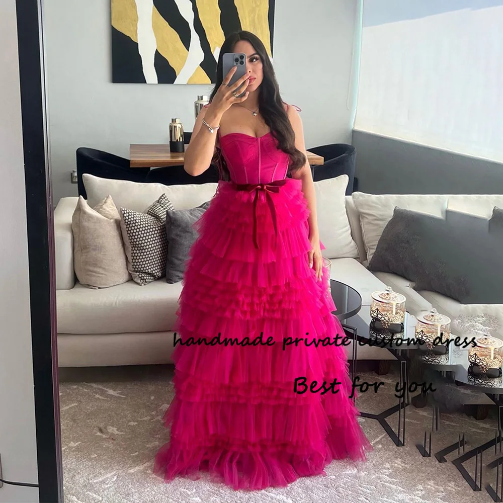 

Hot Pink Tulle Evening Dresses for Women Tiered Pleats Sweetheart Prom Party Dress Floor Length Dubai Arabic Formal Gown