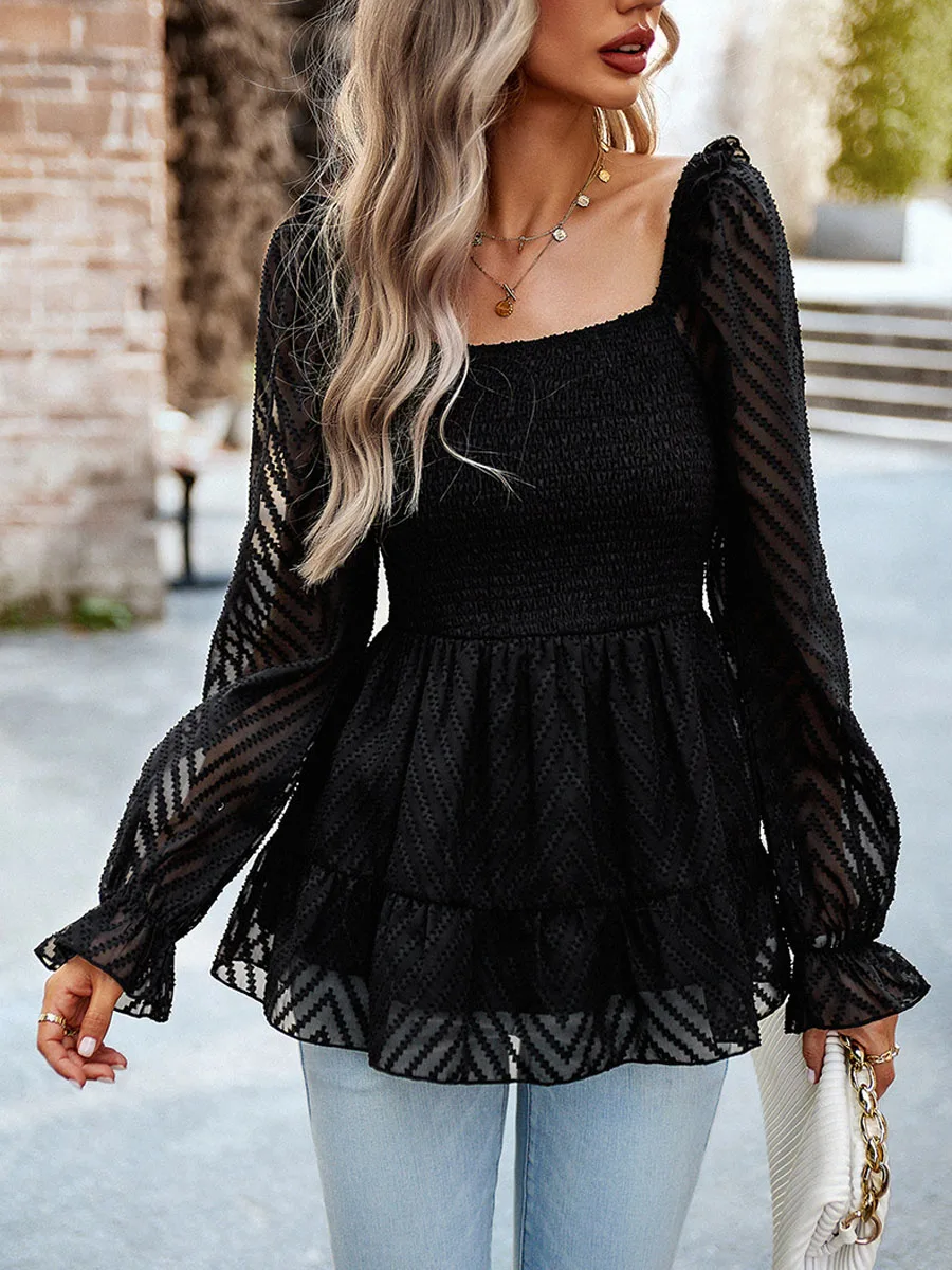 

Women s UK Casual Long Sleeve Square Neck Smocked Ruffle Hem Slim Babydoll Blouse Shirt Tunics Tops with Floral Embroidery