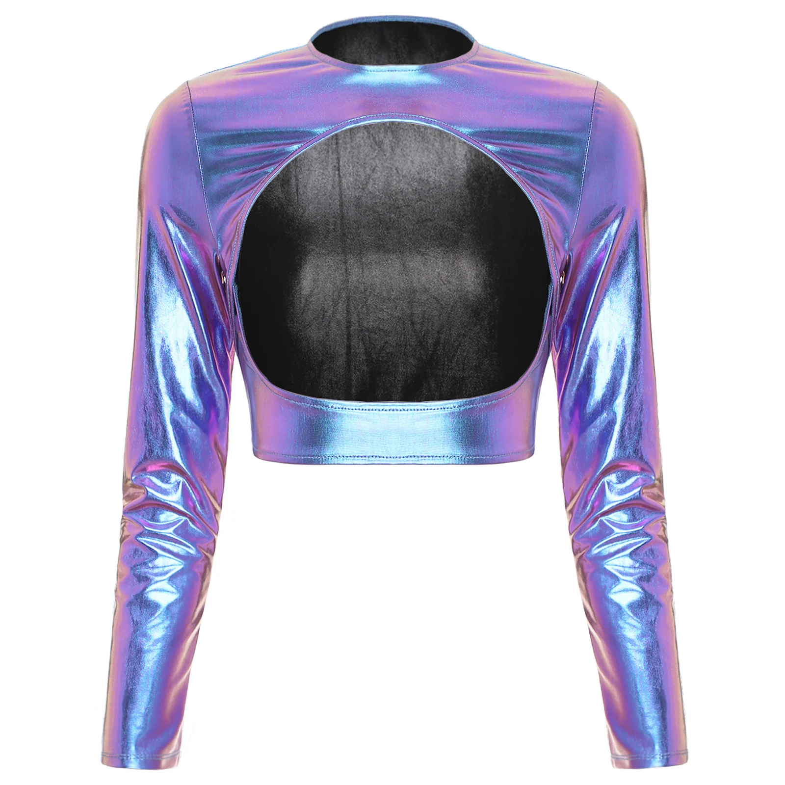 Womens Metallic Shiny Cut Out Crop Top Long Sleeve Open Front Bodycon Tee Tops Round Neck Tempting Tanks Disco Party Clubwear
Womens Metallic Shiny Cut Out Crop Top Long Sleeve Open Front Bodycon Tee Tops Round Neck Tempting Tanks Disco Party Clubwear