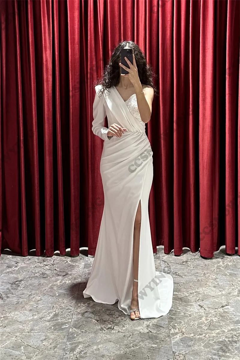 Elegant Satin High Slit Muslim Evening Dresses One Shoulder Long Sleeve Islamic Formal Party Gowns Women Arabic Robes De Soirée
Elegant Satin High Slit Muslim Evening Dresses One Shoulder Long Sleeve Islamic Formal Party Gowns Women Arabic Robes De Soirée