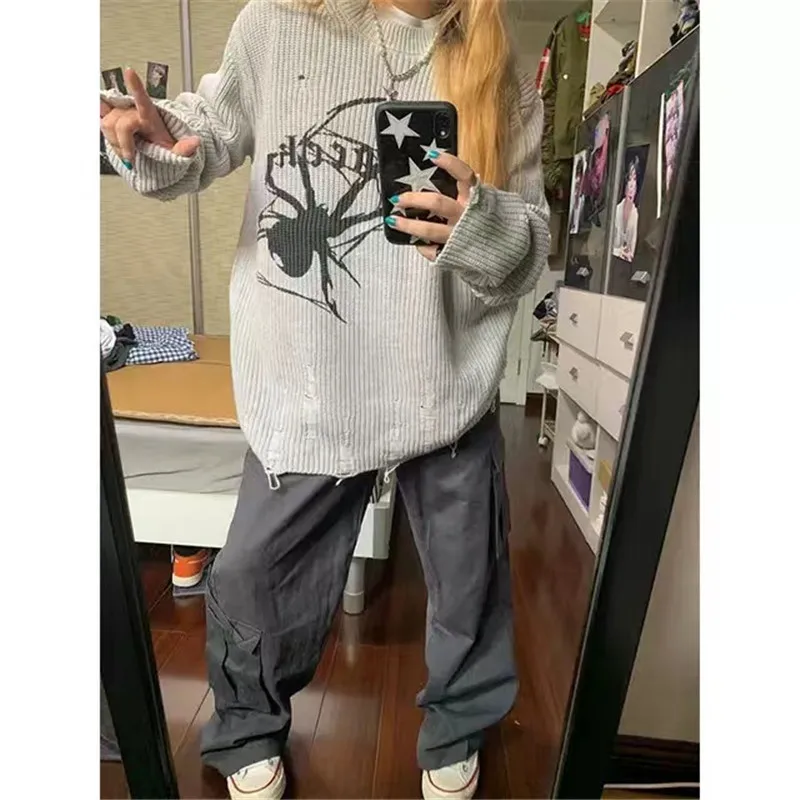 

Spider Print Harajuku Thick Sweater Gothic Vintage Ripped Grunge Y2k Jumper Streetwear Korean Oversize Hiphop Pullover C743