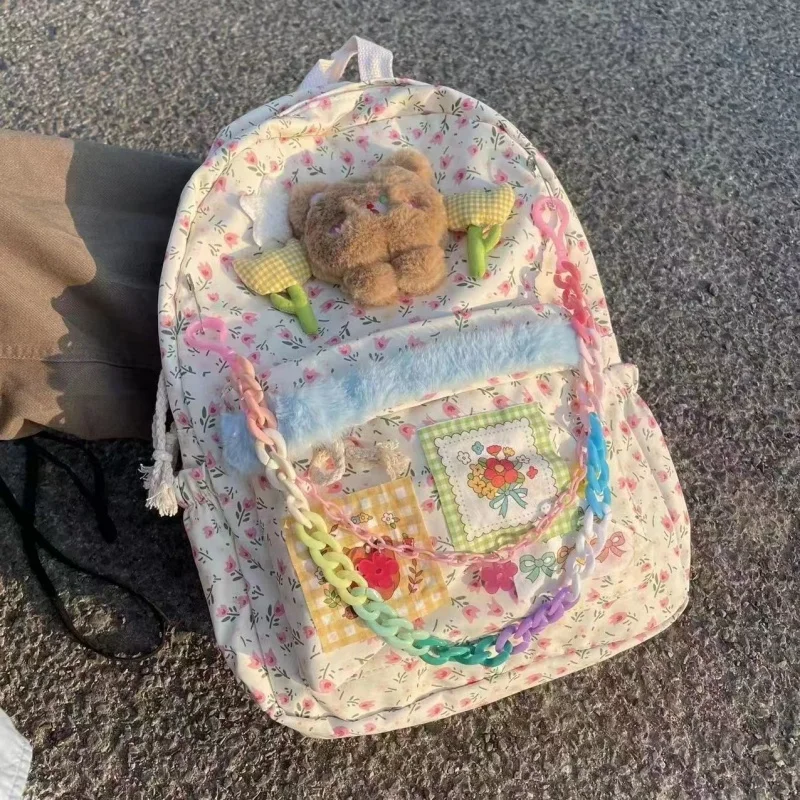 

Cartoon Kawaii Bear Flower Patchwork Chains Backpacks Women Preppy Casual Students Schoolbags High-capacity