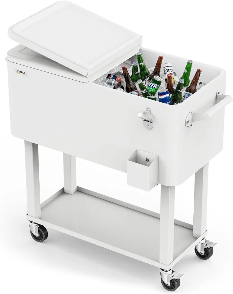 

80 Quart Rolling Cart on Wheels, Portable Bar Drink Cooler, for Patio Pool Party, Ice Chest with Shelf,Bottle Opener,Water Pipe