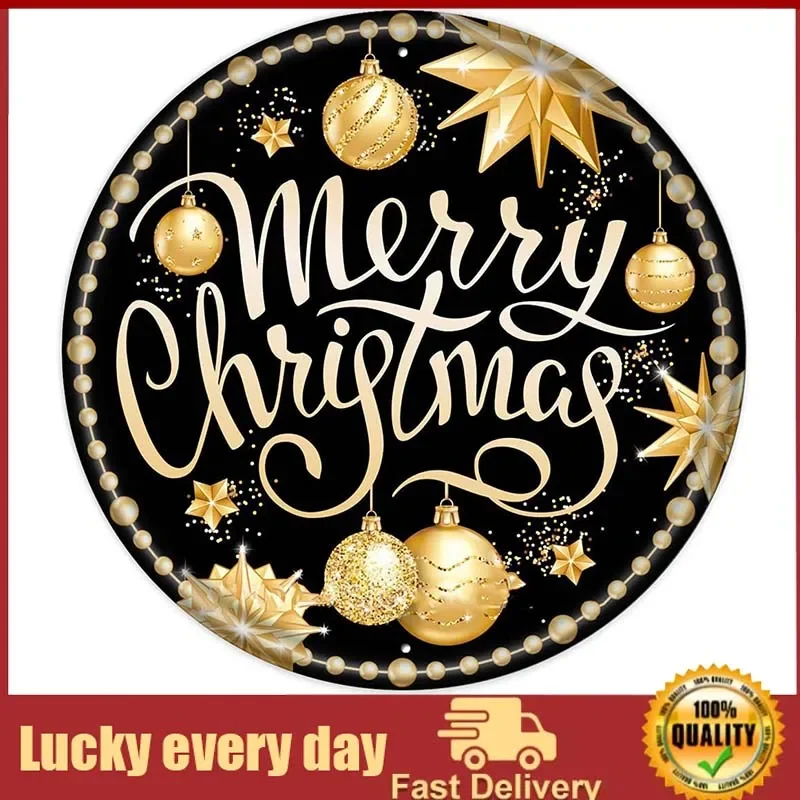 

Round Metal Tin Sign Rustic Wall Decor Wall Plaque Christmas Wreath Sign Merry Christmas Black and Gold Ornament Wall Decoration