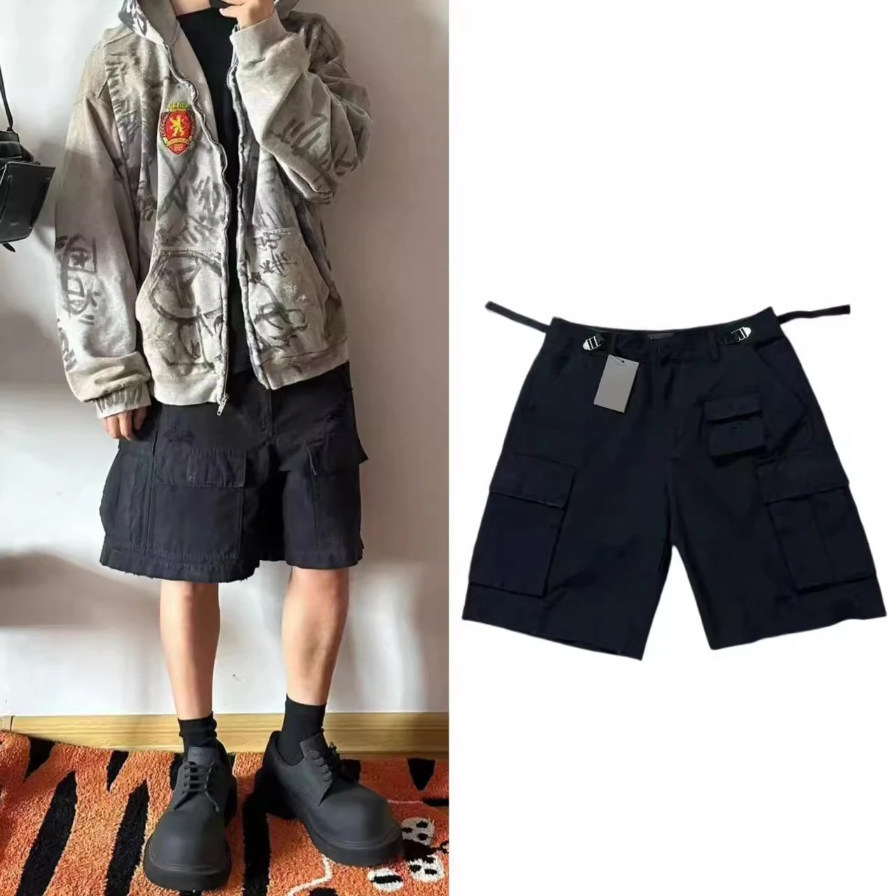 

Firmranch 2024 Summer Black Cargo Shorts For Men Women Multi-pocket Wide Legs Casual Short Pants With Waistline Buckle Free Ship