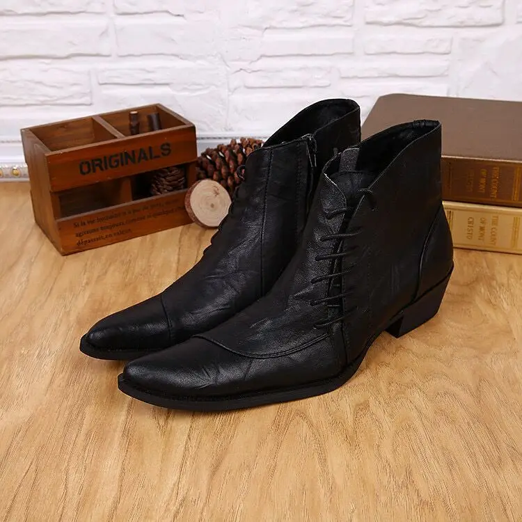 

Men's pointed leather boots with a height of 6cm and a thick heel. Casual cowhide boots with side straps are trendy