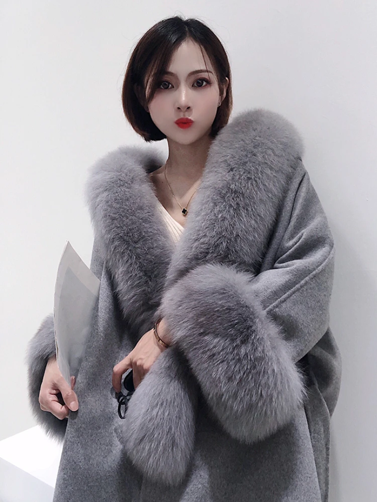 

2023 Elegant Hooded Double-sided Cashmere Wool Coat Women Loose Autumn Winter New Real Fox Fur Collar Cape Wrap Woolen Coat Fema