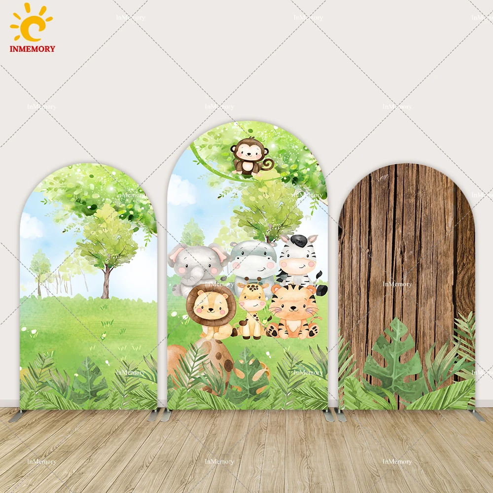 

Jungle Safari Party Decoration Boy Baby Shower Arch Backdrop Cover Kids 1st Birthday Decor Wooden Background Banner Arched Wall