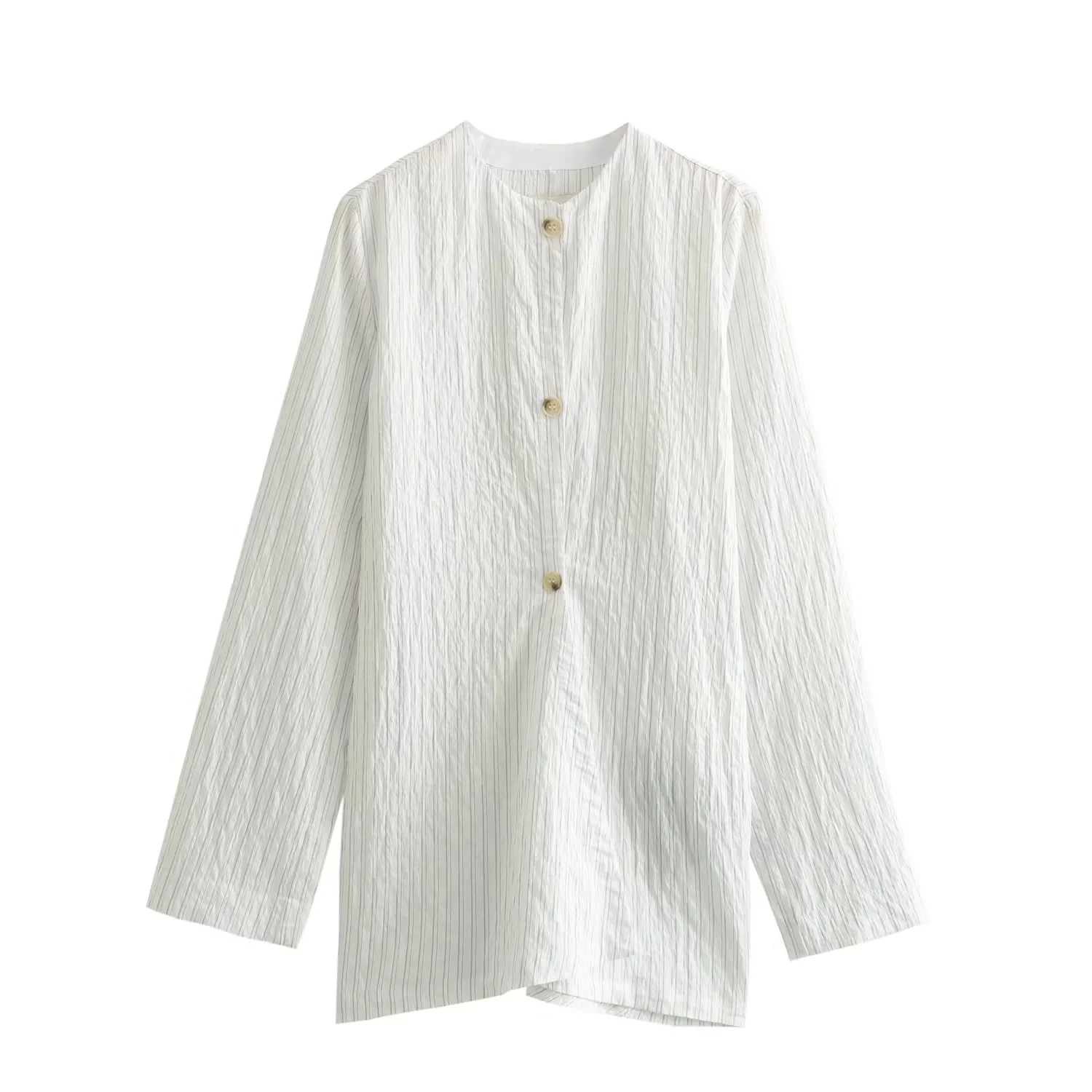 Женская плиссированная рубашка в полоску, с круглым вырезом и длинными рукавами 
Женская плиссированная рубашка в полоску, с круглым вырезом и длинными рукавами