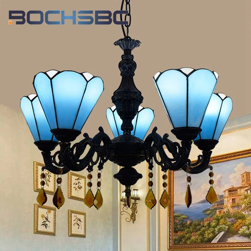 

BOCHSBC Tiffany style stained glass Blue Mediterranean 5 head crystal Pendant lamp Living room Dining room Bedroom hallway decor