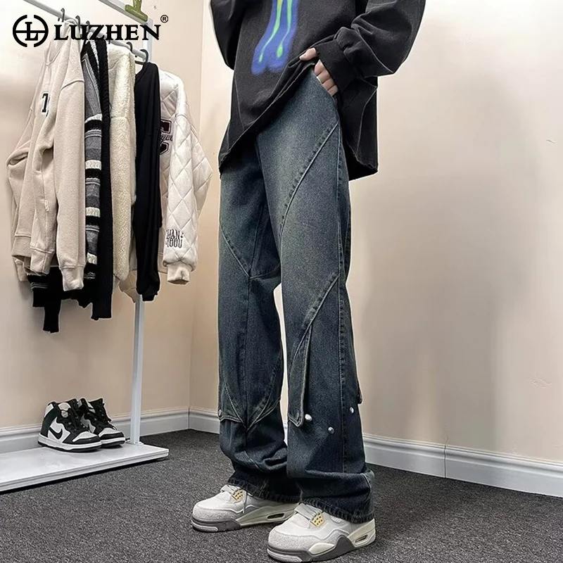 

LUZHEN Splicing Design Washed Straight Jeans Men's 2024 Trendy Spring Handsome Street Wide Leg Denim Pants Free Shipping LZ2276