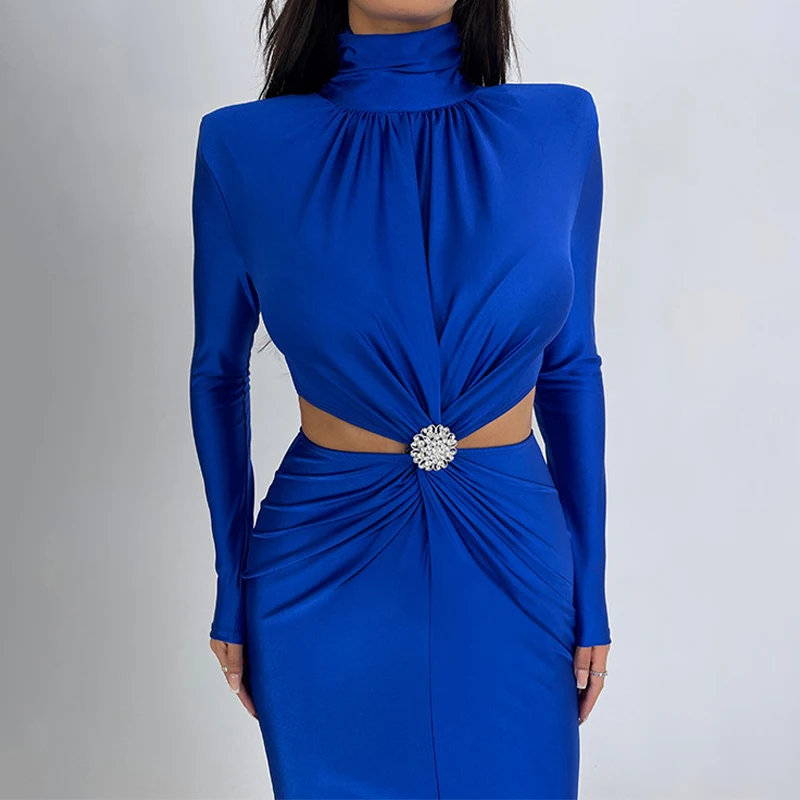 

Sexy Hollow Out Twisted Slim Club Dress Women Half High Collar Long Sleeved Tight A-line Dress Fashion Solid Draped Maxi Dresses