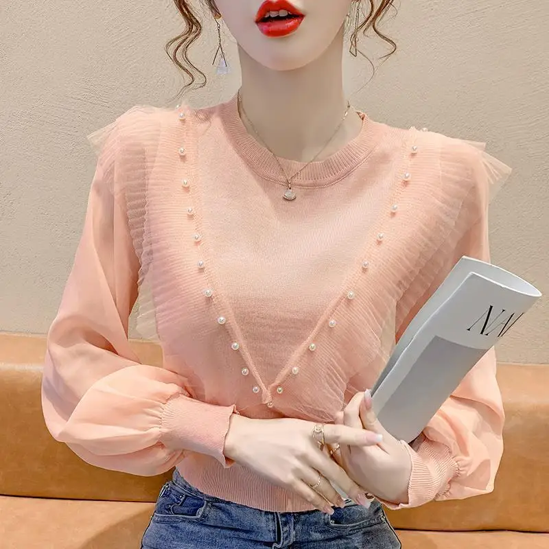 

Autumn Winter Mesh Stitching Knitted Top Ruffled Round Neck Long Sleeved Knittwear Shirt for Women Loose Solid Color Pullovers