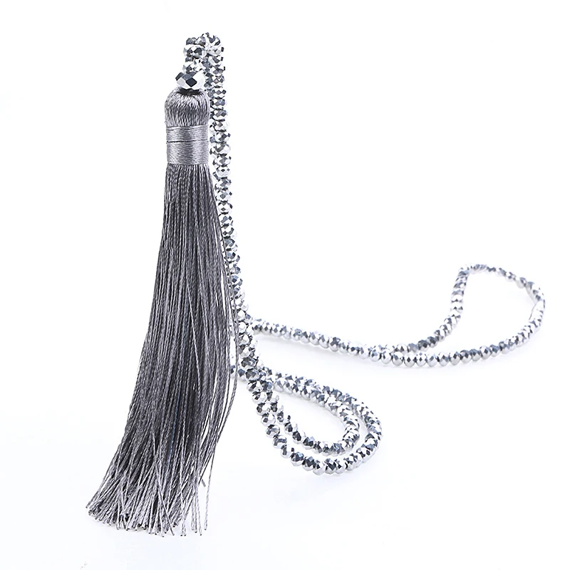

Fashion Long Fringe Silk Tassel Necklace For Women Glass Bead Crystal Pendant Necklaces Statement Vintage Bohemian Jewelry Gift