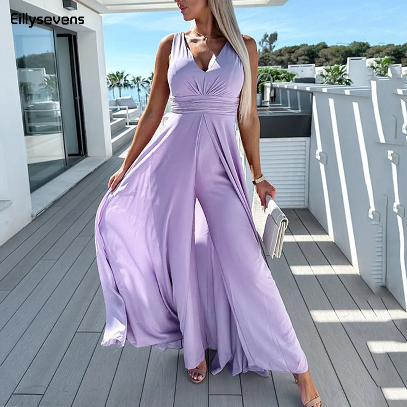 

Sexy Sleeveless Solid Color Straight Jumpsuit Fashion High Waist Commute Pleated Party Romper New Deep V Neck High Street Romper