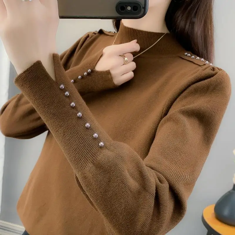

Autumn Winter Turtleneck Women's Pullover Embroidered Flares Solid Lantern Long Sleeve Sweater Knitted Undershirt Vintage Tops