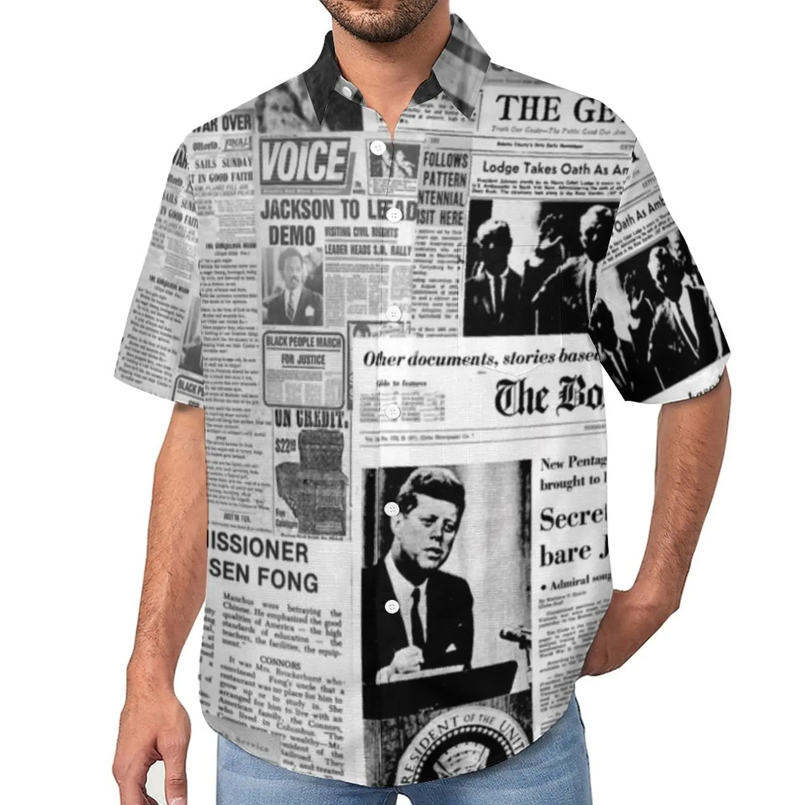 

Newspaper Casual Shirt Old American Newspapers Beach Loose Shirt Hawaiian Streetwear Blouses Short-Sleeve Custom Oversized Tops