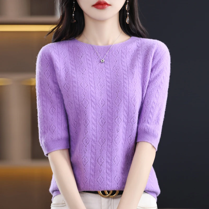 Summer new half-sleeve blouse female 100% solid color sweater round neck cropped sleeve sweater hollow pullover
Summer new half-sleeve blouse female 100% solid color sweater round neck cropped sleeve sweater hollow pullover
