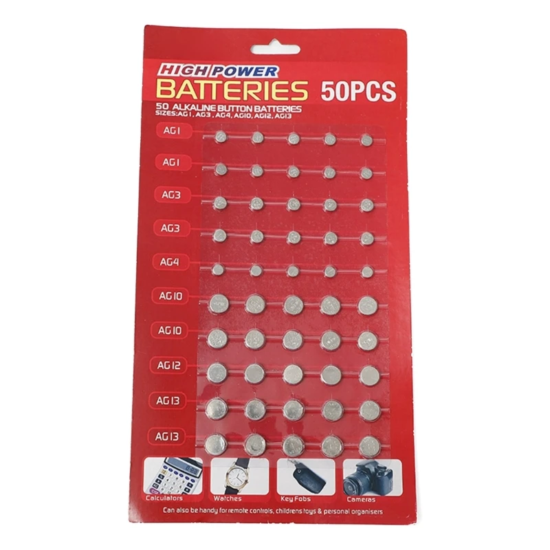 

M2EC 50PCS Mixed Button Coin Cell Battery Set AG1/AG3/AG4/AG10/AG12/AG13 Batteries