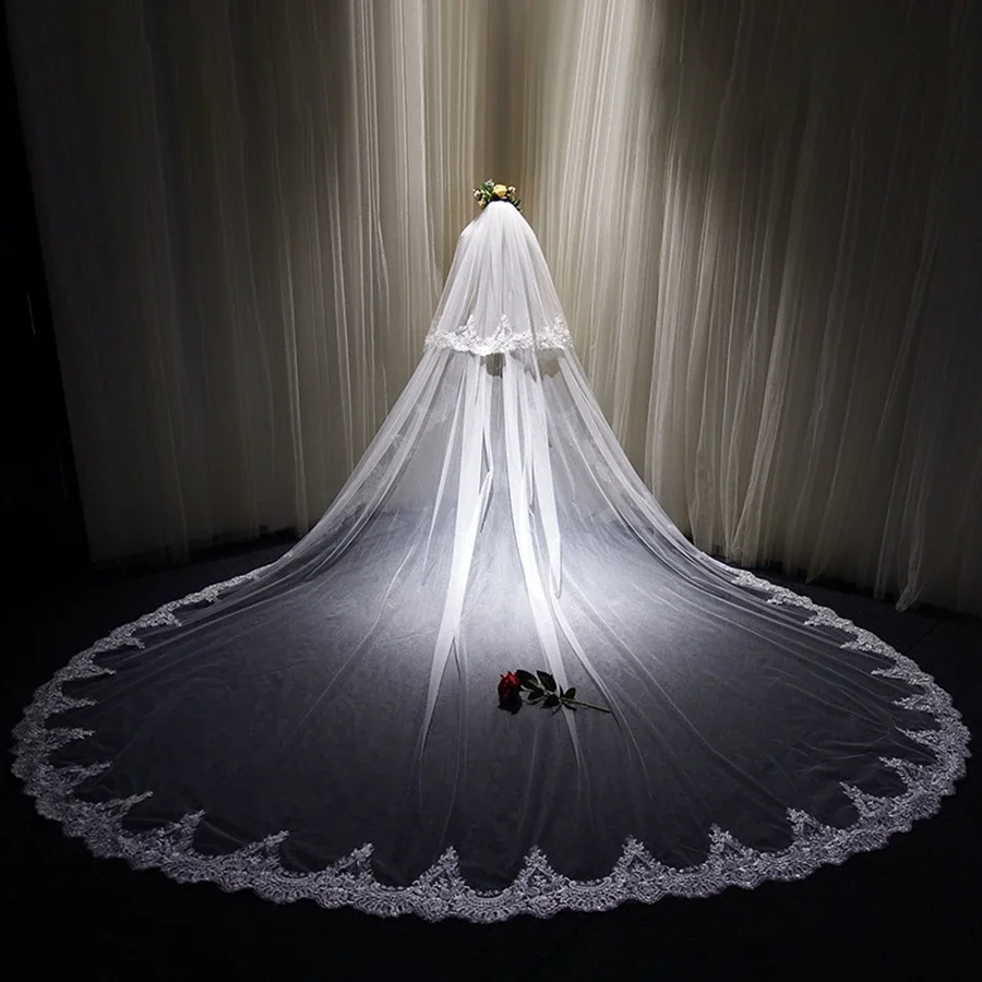 

Wholesale White Ivory Cathedral Bridal Veils Lace Edge Two Layers Wedding veil Plus Size Voile De La Mariée