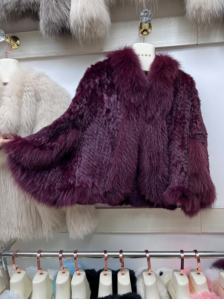 

2024 Natural Rabbit Fur Bat Shirt Coats Knitted Women's New Real Fox Fur Collar Jackets Luxury Woman Clothing