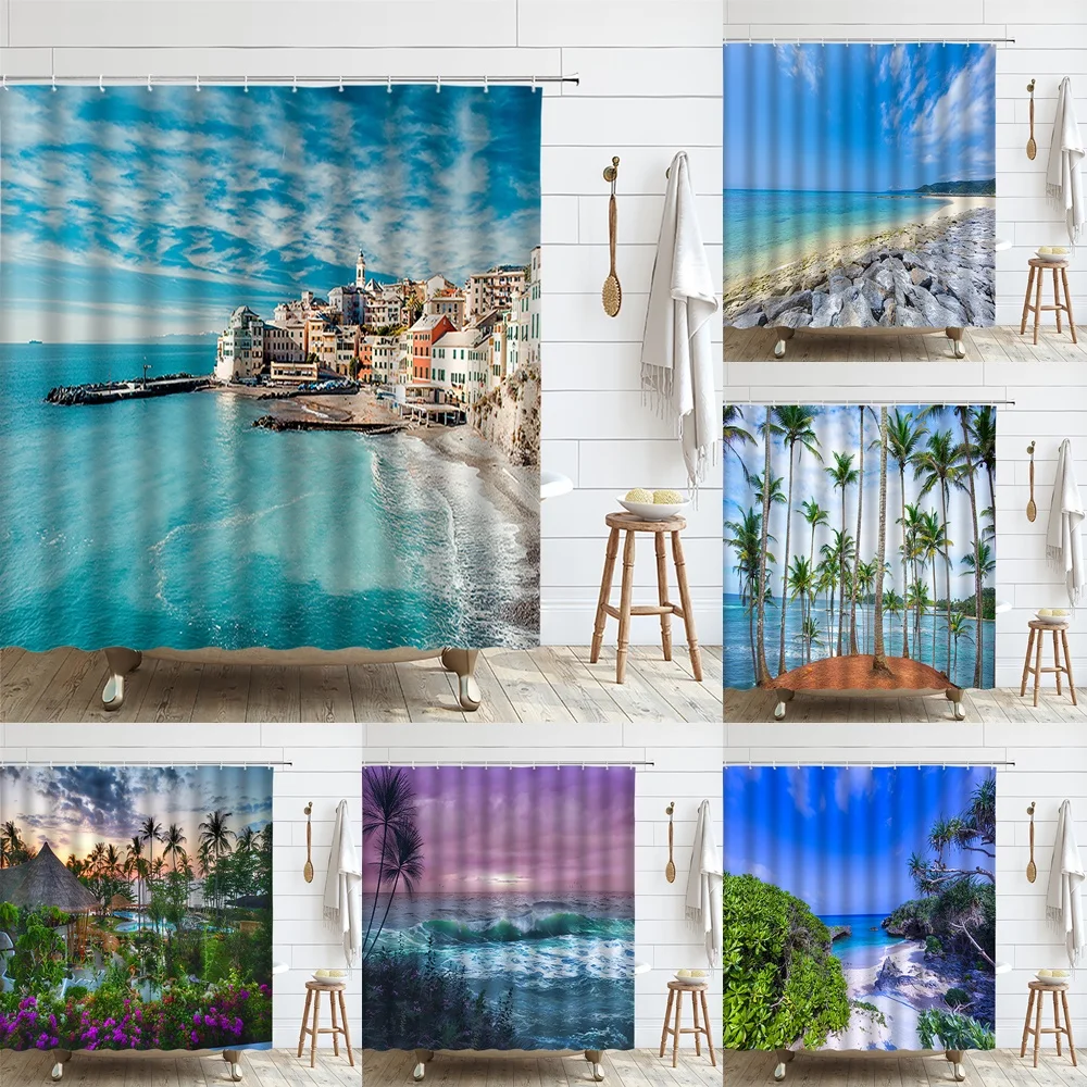 

Blue Sea Town Shower Curtains for Bathroom 3D Waterproof Fabric Palm Trees Ocean Waves Natural Scenery Home Decor Bath Curtain