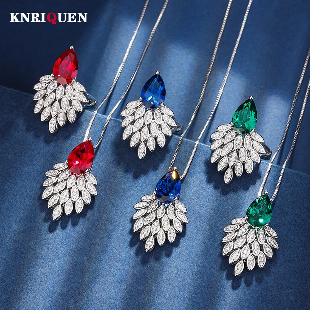 

Retro 8*13mm Sapphire Ruby Emerald Pendant Necklace Ring Jewelry Sets for Women Gemstone High Carbon Diamond Accessories Gifts