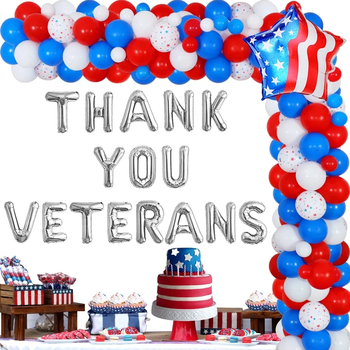 

KREATWOW Thank You Veterans Happy Veterans Day Patriotic Blue White and Red Balloon Garland Kit Military Theme Party Decorations
